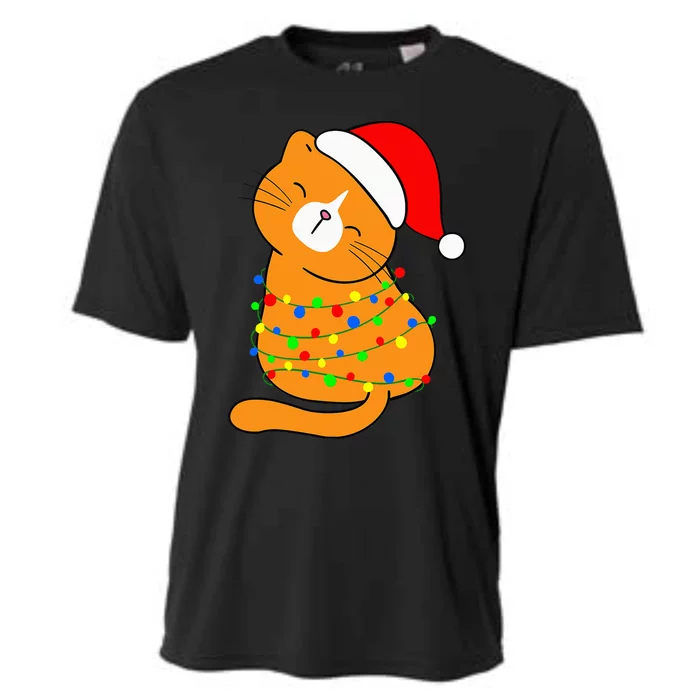 Orange Cat Christmas Tree Lights Santa Hat Funny Cat Lovers Cooling Performance Crew T-Shirt