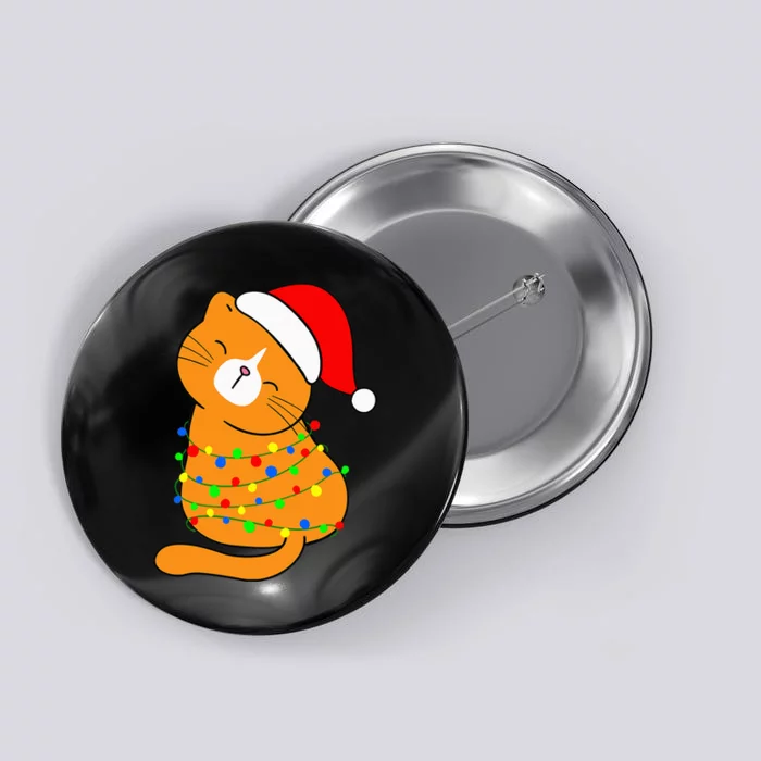 Orange Cat Christmas Tree Lights Santa Hat Funny Cat Lovers Button