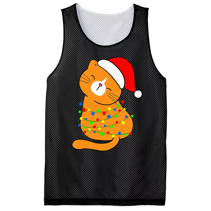 Orange Cat Christmas Tree Lights Santa Hat Funny Cat Lovers Mesh Reversible Basketball Jersey Tank