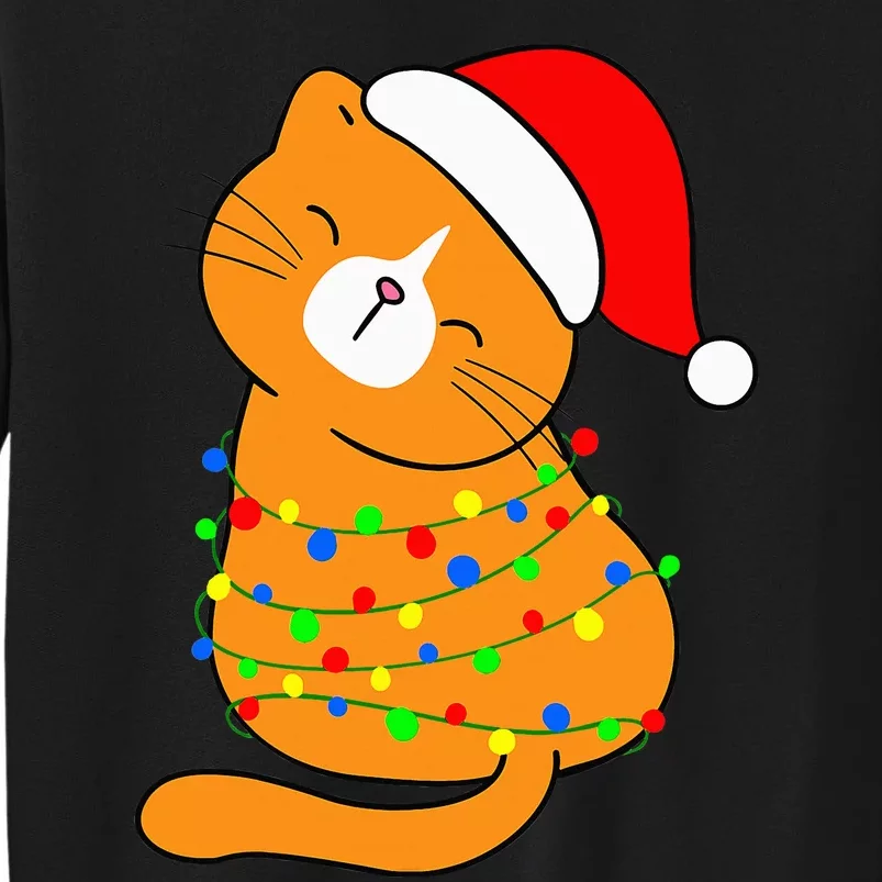 Orange Cat Christmas Tree Lights Santa Hat Funny Cat Lovers Tall Sweatshirt