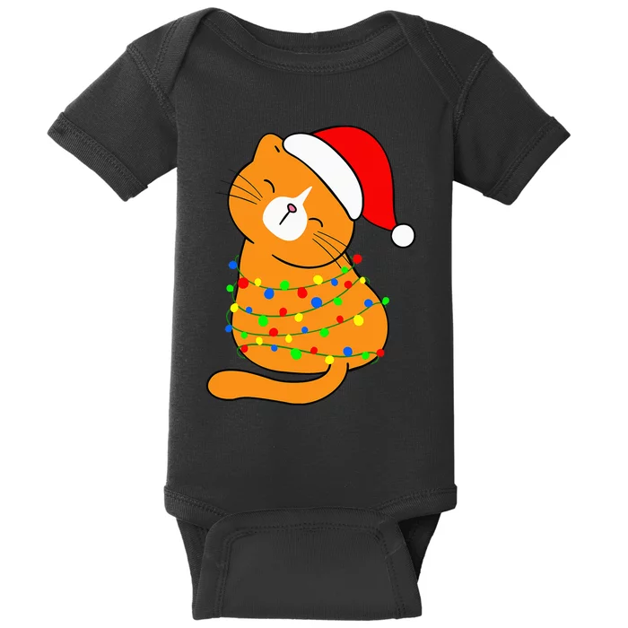 Orange Cat Christmas Tree Lights Santa Hat Funny Cat Lovers Baby Bodysuit