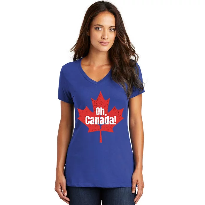 Oh Canada Canadian Pride Maple Leaf National Day Distressed Gift Women's V-Neck T-Shirt