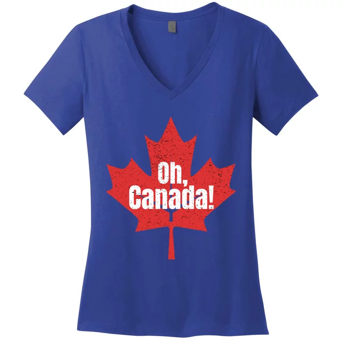 Oh Canada Canadian Pride Maple Leaf National Day Distressed Gift Women's V-Neck T-Shirt