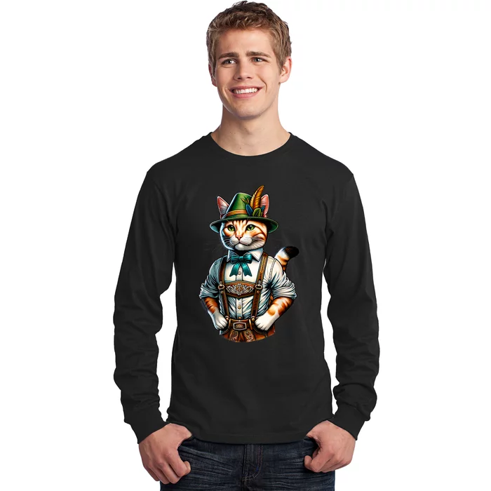 Oktoberfest Cat Funny German Bavarian Lederhosen Cat Lover Long Sleeve Shirt