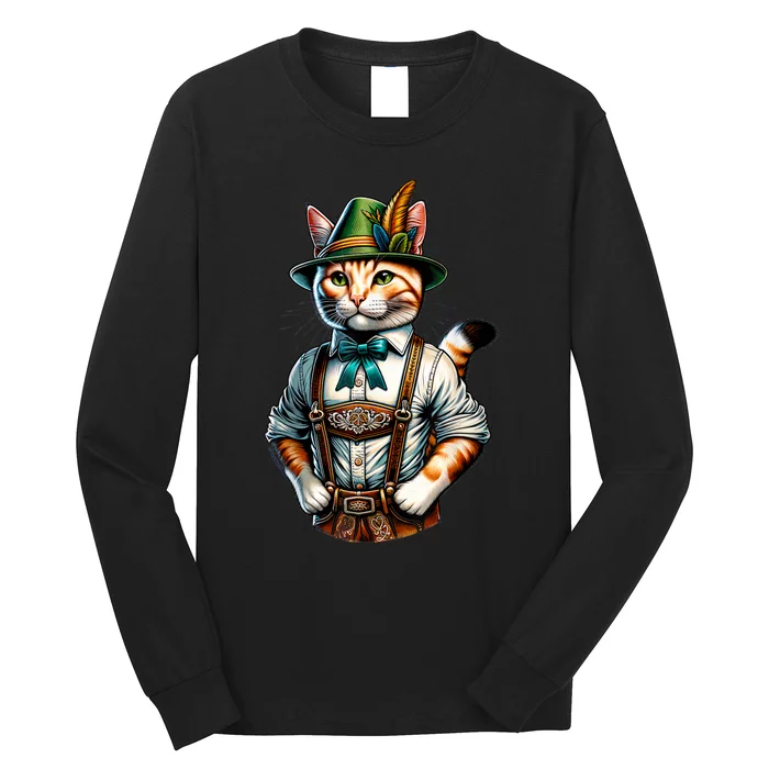 Oktoberfest Cat Funny German Bavarian Lederhosen Cat Lover Long Sleeve Shirt