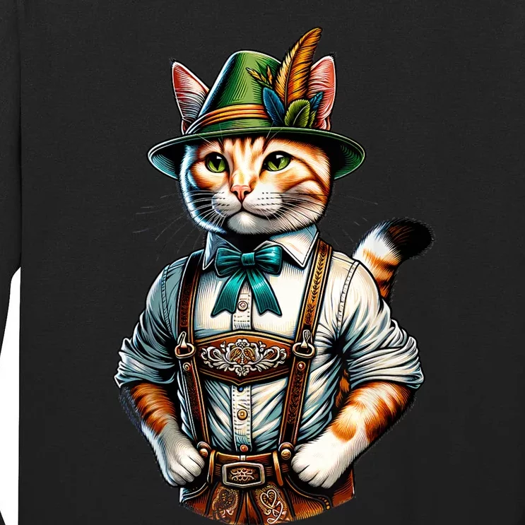 Oktoberfest Cat Funny German Bavarian Lederhosen Cat Lover Tall Long Sleeve T-Shirt