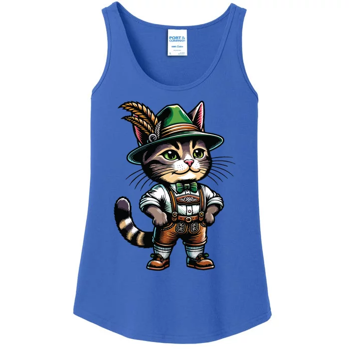 Oktoberfest Cat Funny German Bavarian Lederhosen Cat Lover Ladies Essential Tank