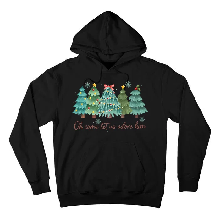 Oh Come Let Us Adore Him Funny Christian Christmas Tree Bow Tall Hoodie