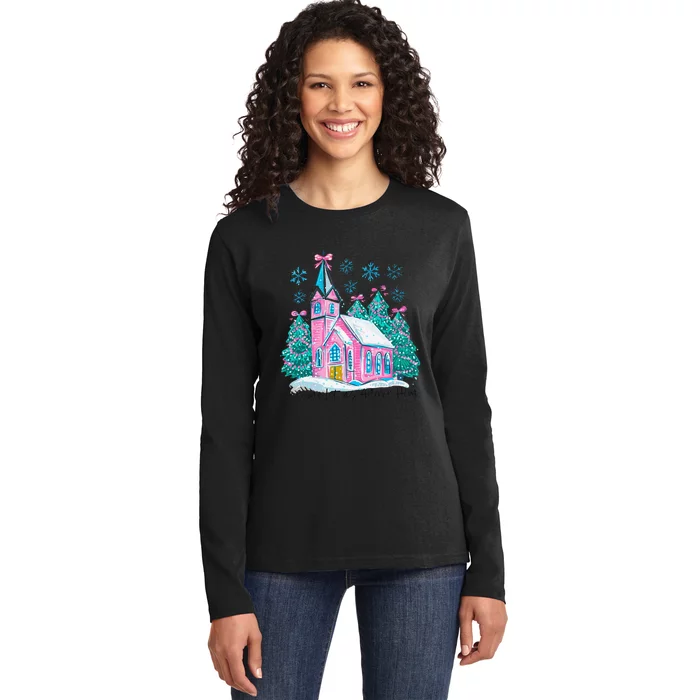 Oh Come Let Us Adore Him Jesus Christmas Christian Coquette Ladies Long Sleeve Shirt