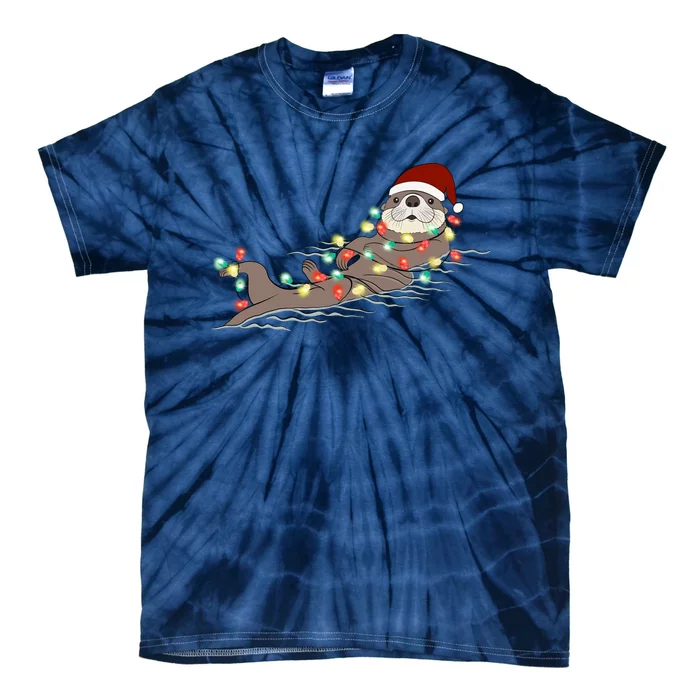 Otter Christmas Lights Santa Hat Funny Cute Cool Family Matching Trendy Top Tie-Dye T-Shirt