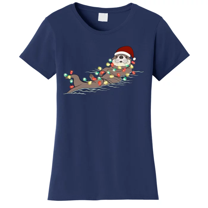 Otter Christmas Lights Santa Hat Funny Cute Cool Family Matching Trendy Top Women's T-Shirt