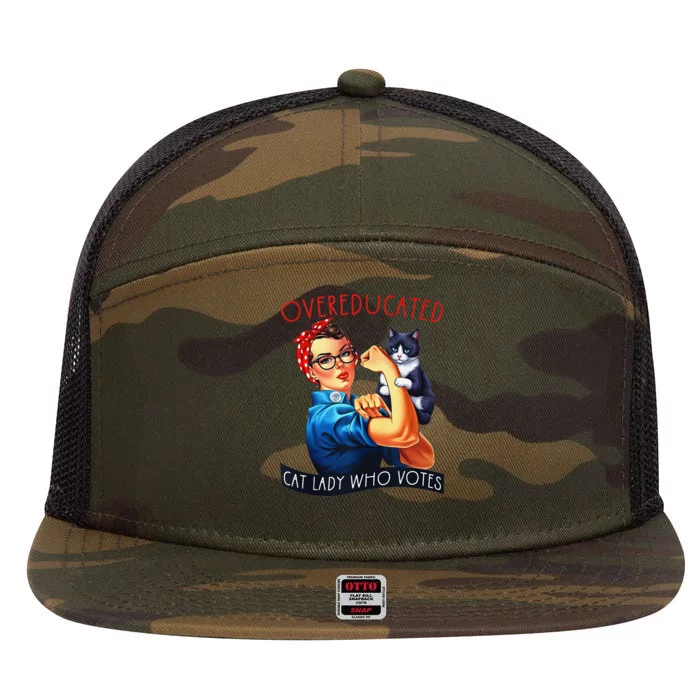 Overeducated Cat Lady Who Votes Rosie The Riveter Cat Lover 7 Panel Mesh Trucker Snapback Hat