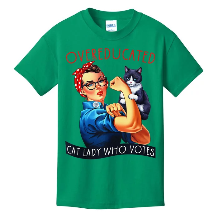 Overeducated Cat Lady Who Votes Rosie The Riveter Cat Lover Kids T-Shirt