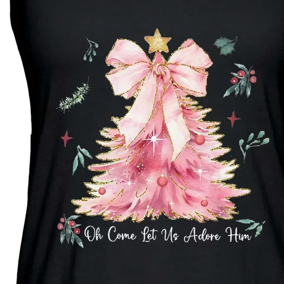 Oh Come Let Us Adore Him Coquette Bow Christmas Tree Ladies Essential Flowy Tank