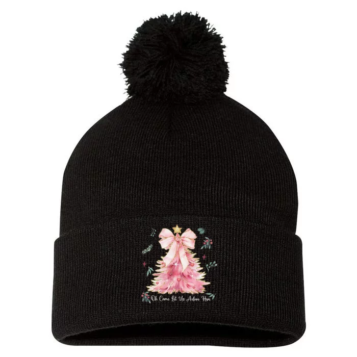 Oh Come Let Us Adore Him Coquette Bow Christmas Tree Pom Pom 12in Knit Beanie