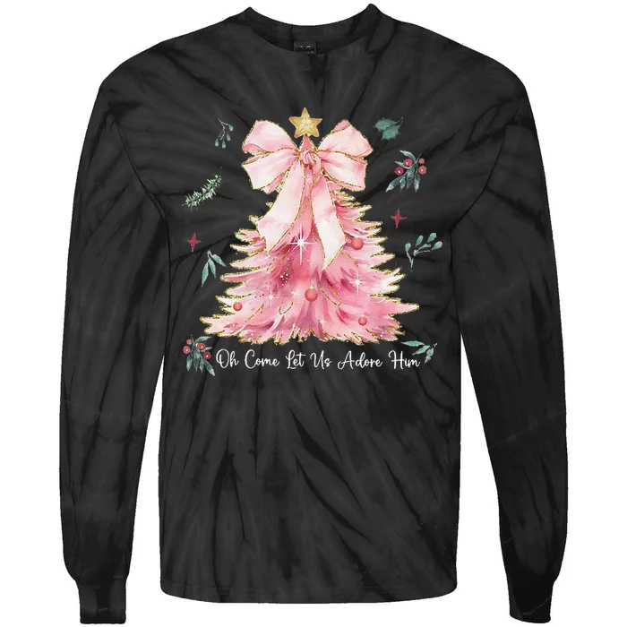 Oh Come Let Us Adore Him Coquette Bow Christmas Tree Tie-Dye Long Sleeve Shirt