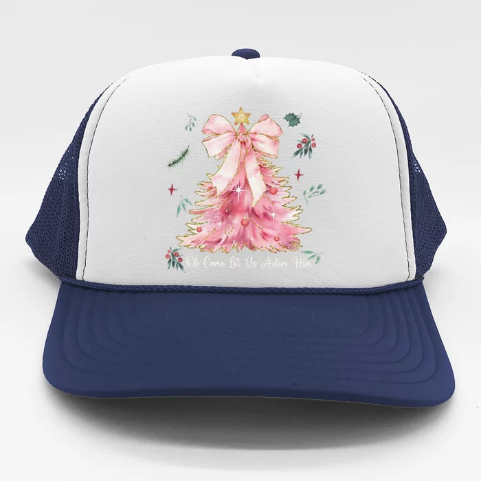 Oh Come Let Us Adore Him Coquette Bow Christmas Tree Trucker Hat