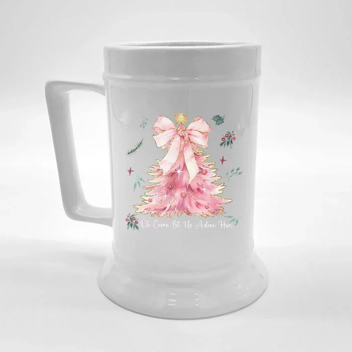 Oh Come Let Us Adore Him Coquette Bow Christmas Tree Front & Back Beer Stein