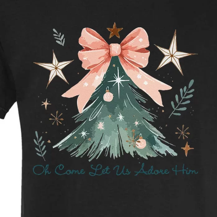 Oh Come Let Us Adore Him Jesus Christmas Tree Coquette Bow Garment-Dyed Heavyweight T-Shirt