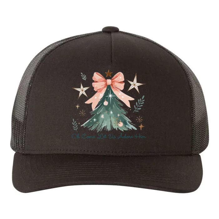 Oh Come Let Us Adore Him Jesus Christmas Tree Coquette Bow Yupoong Adult 5-Panel Trucker Hat