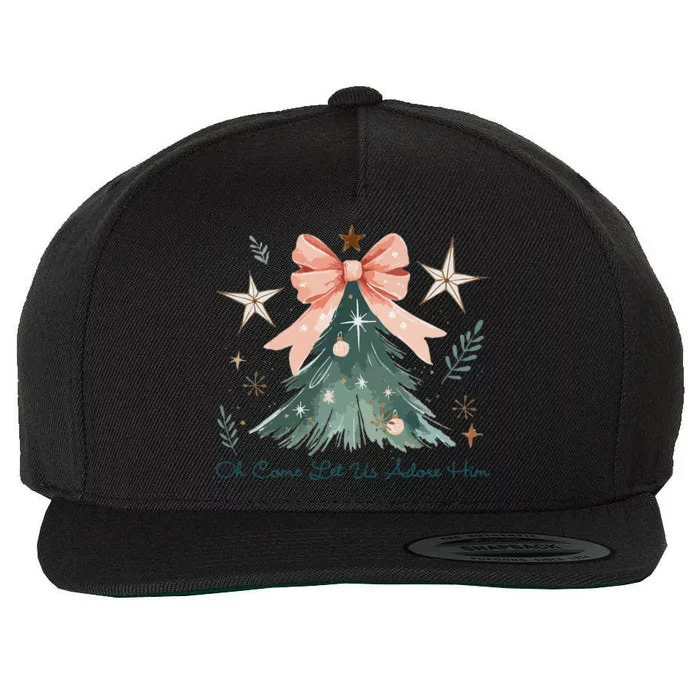 Oh Come Let Us Adore Him Jesus Christmas Tree Coquette Bow Wool Snapback Cap