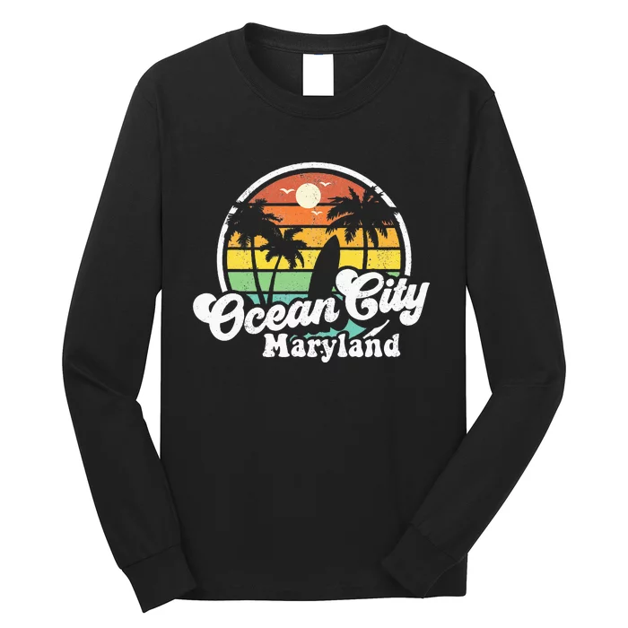 Ocean City Maryland Beach Vacation Retro Surfing Summer Gift Long Sleeve Shirt