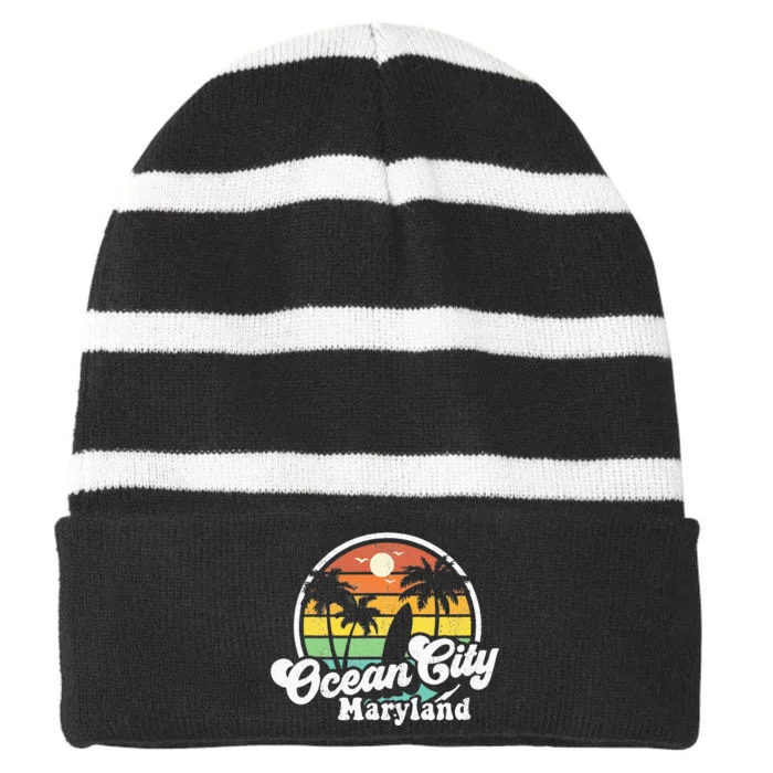 Ocean City Maryland Beach Vacation Retro Surfing Summer Gift Striped Beanie with Solid Band