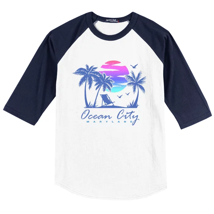 OCEAN CITY MARYLAND Beach Vacation Vintage Sunset Graphic Baseball Sleeve Shirt