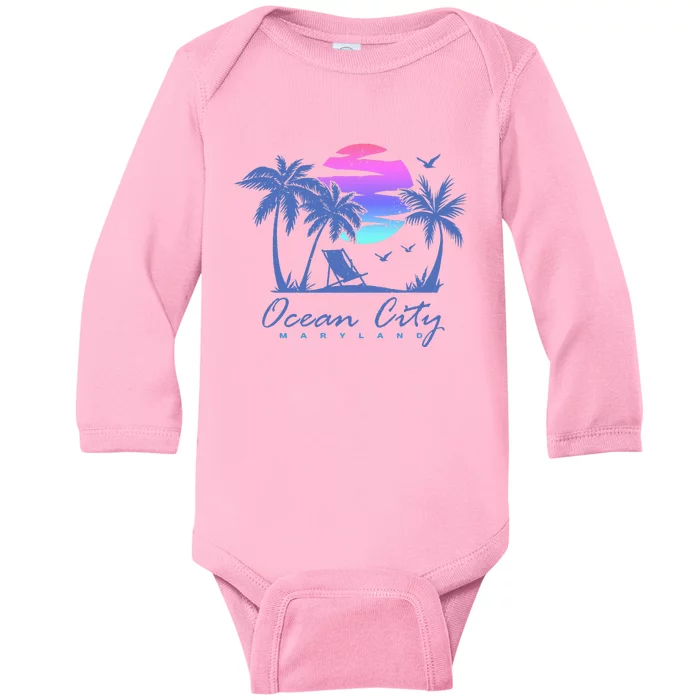 OCEAN CITY MARYLAND Beach Vacation Vintage Sunset Graphic Baby Long Sleeve Bodysuit