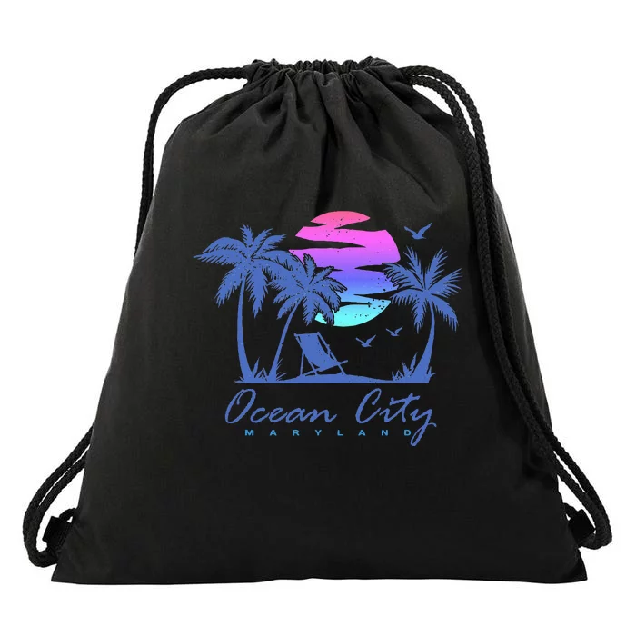 Ocean City Maryland Beach Vacation Trip Retro Vintage Sunset Drawstring Bag