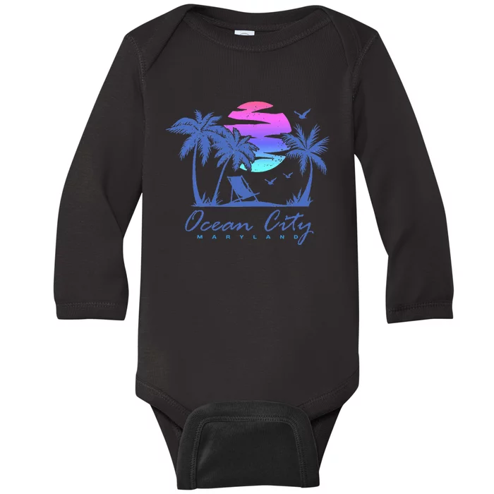 Ocean City Maryland Beach Vacation Trip Retro Vintage Sunset Baby Long Sleeve Bodysuit