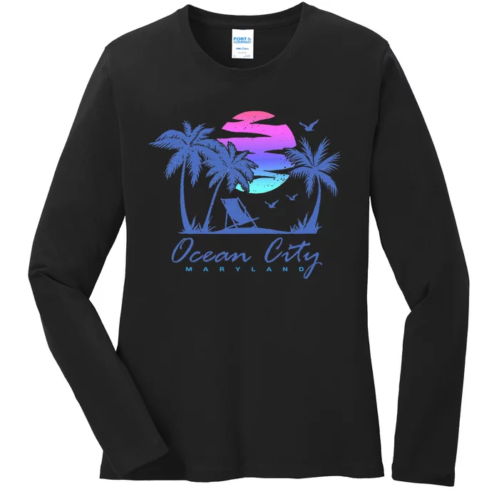 Ocean City Maryland Beach Vacation Trip Retro Vintage Sunset Ladies Long Sleeve Shirt