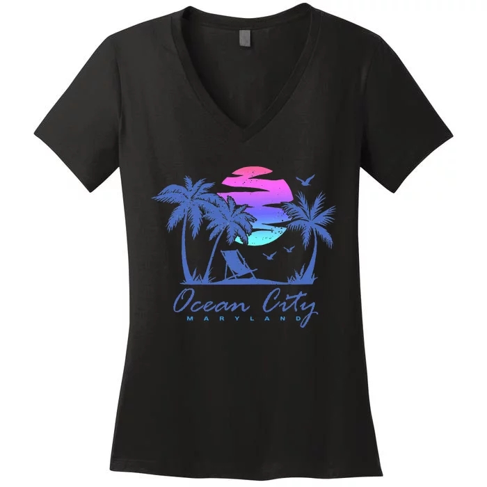 Ocean City Maryland Beach Vacation Trip Retro Vintage Sunset Women's V-Neck T-Shirt