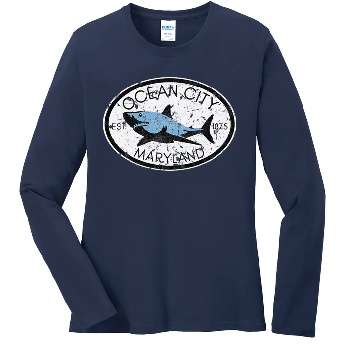 Ocean City Maryland Fishing Shark Fish Beach Md Vintage Ladies Long Sleeve Shirt