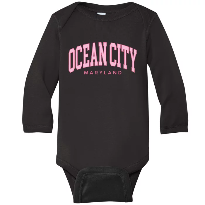 Ocean City Maryland Summer Retro Preppy Throwback Women Baby Long Sleeve Bodysuit