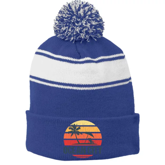 Ocean City Nj Md Beach Retro Sun Distressed Design Gift Stripe Pom Pom Beanie