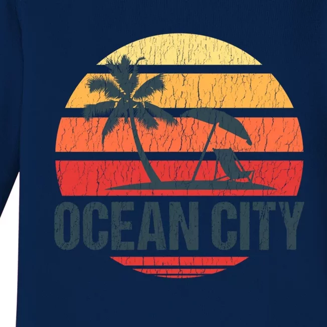 Ocean City Nj Md Beach Retro Sun Distressed Design Gift Baby Long Sleeve Bodysuit