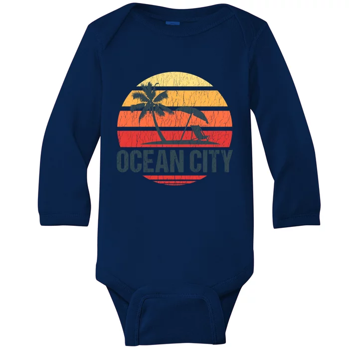 Ocean City Nj Md Beach Retro Sun Distressed Design Gift Baby Long Sleeve Bodysuit