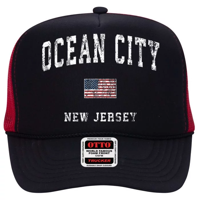 Ocean City New Jersey Nj American Flag Sports High Crown Mesh Trucker Hat