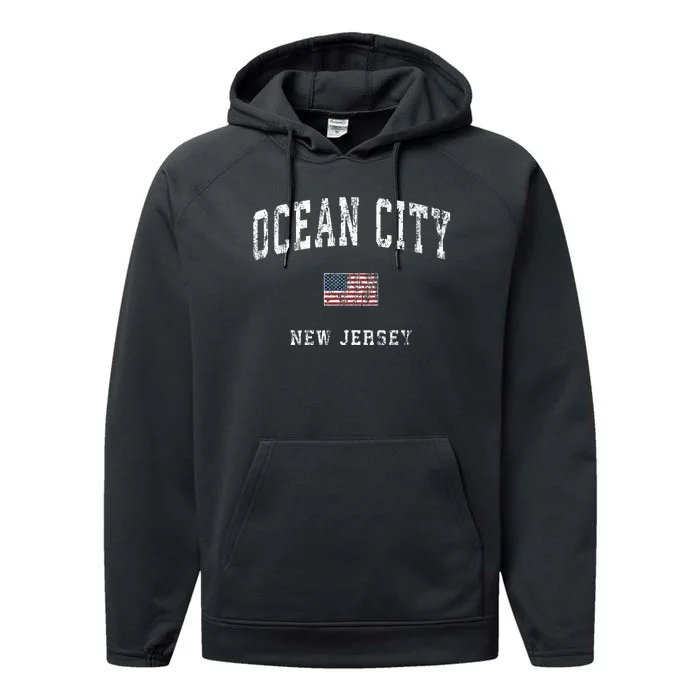 Ocean City New Jersey Nj Vintage American Flag Performance Fleece Hoodie