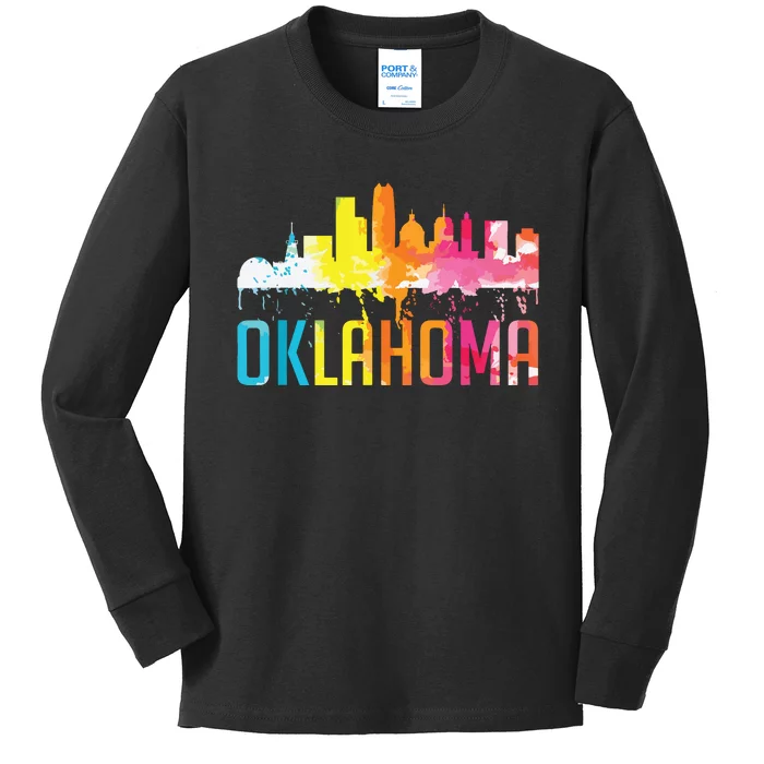 Oklahoma City Ok Retro Watercolor Skyline Art Souvenir Gift Kids Long Sleeve Shirt