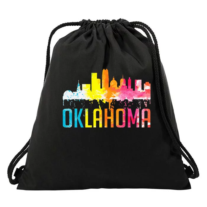 Oklahoma City Ok Retro Watercolor Skyline Drawstring Bag