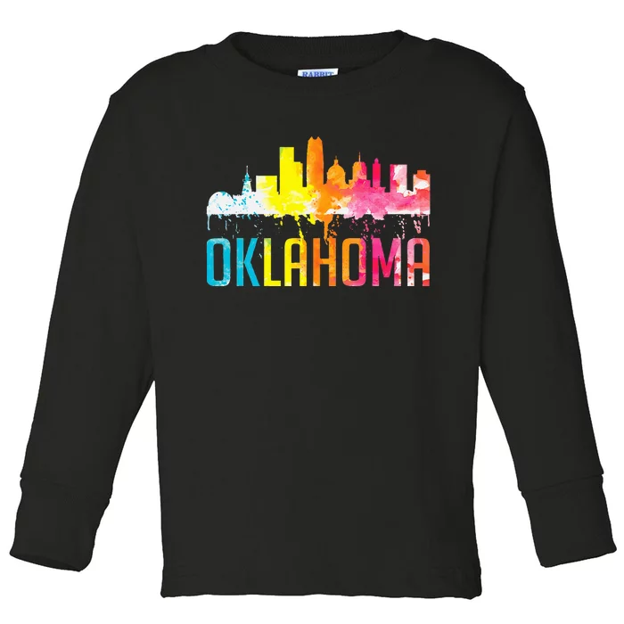 Oklahoma City Ok Retro Watercolor Skyline Toddler Long Sleeve Shirt