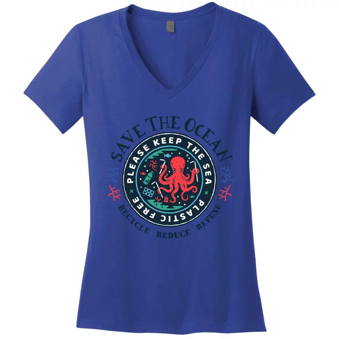 Ocean Conservation Please Keep The Sea Plastic Free Octopus Gift Women's V-Neck T-Shirt