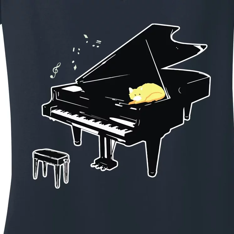 Orange Cat Playing Piano Music Lover Funny Women's V-Neck T-Shirt