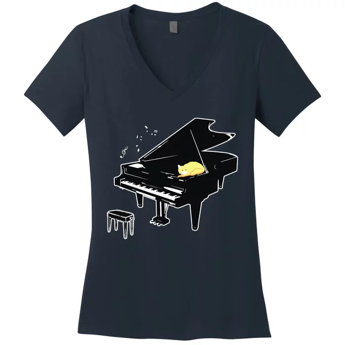 Orange Cat Playing Piano Music Lover Funny Women's V-Neck T-Shirt