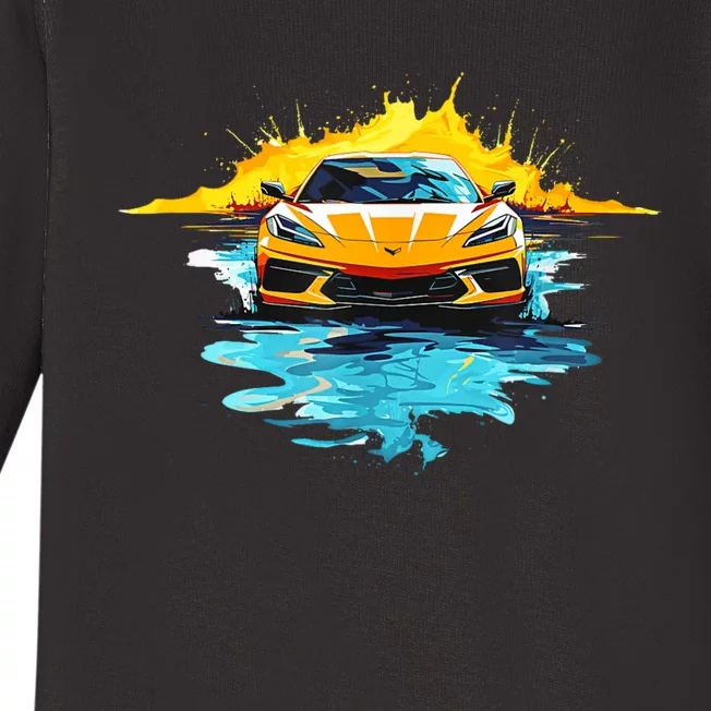 Orange C8 Racecar Splatter Art Baby Long Sleeve Bodysuit