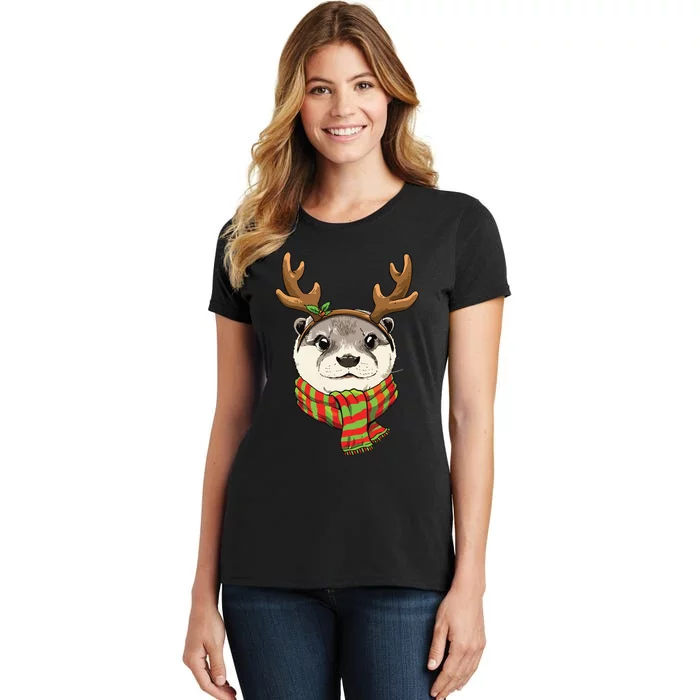 Otter Christmas Reindeer Antlers Xmas Boy Girl Women's T-Shirt