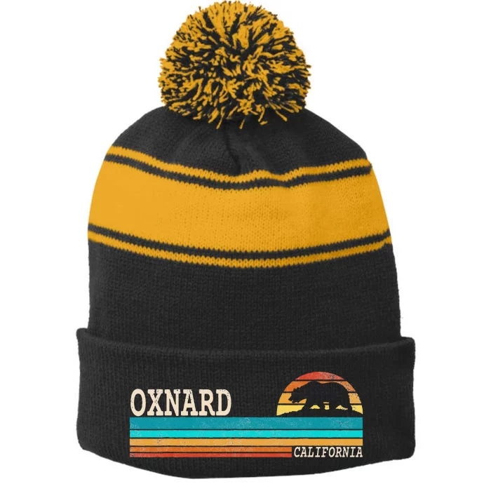 Oxnard California State Bear Retro Sunset Stripe Pom Pom Beanie