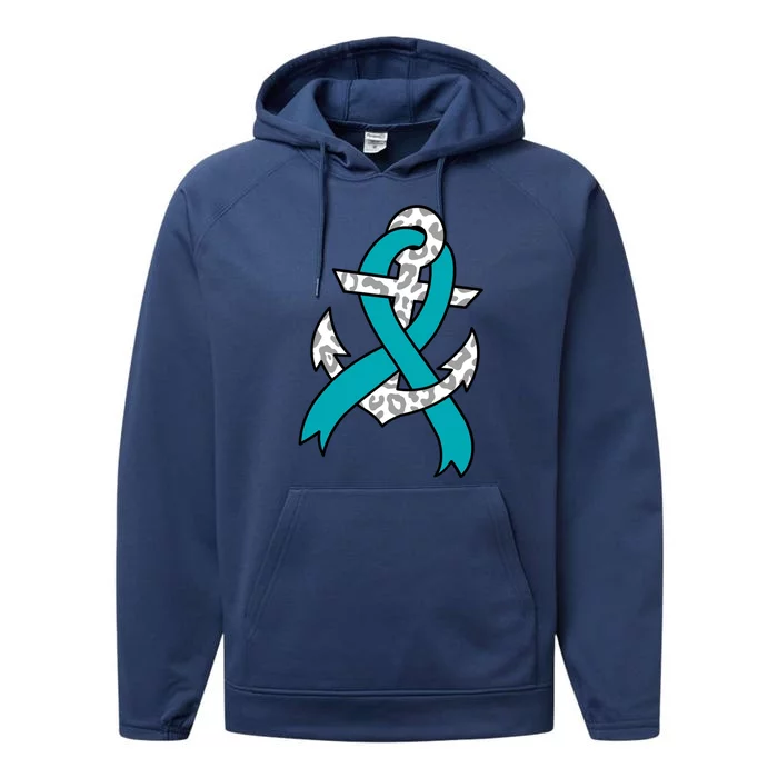 Ovarian Cancer Teal Ribbon Awareness Refuse To Sink Anchor Gift Performance Fleece Hoodie